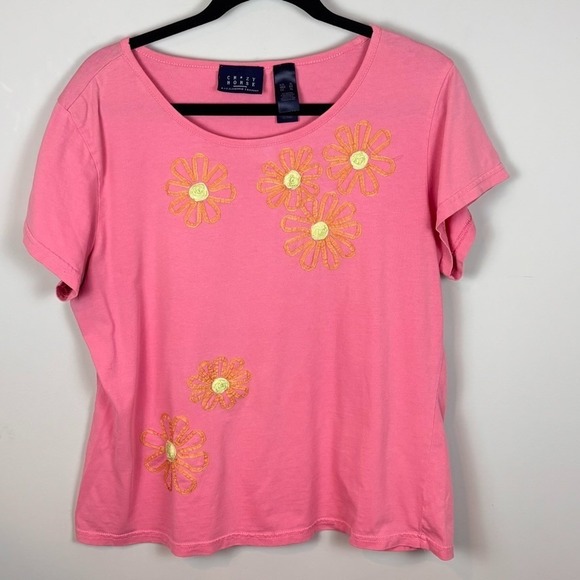 Crazy Horse By Liz Claiborne Tops - Crazy Horse Pink Floral Embroidered Stretch 100% Cotton Women's‎ Tee XL Colorful
